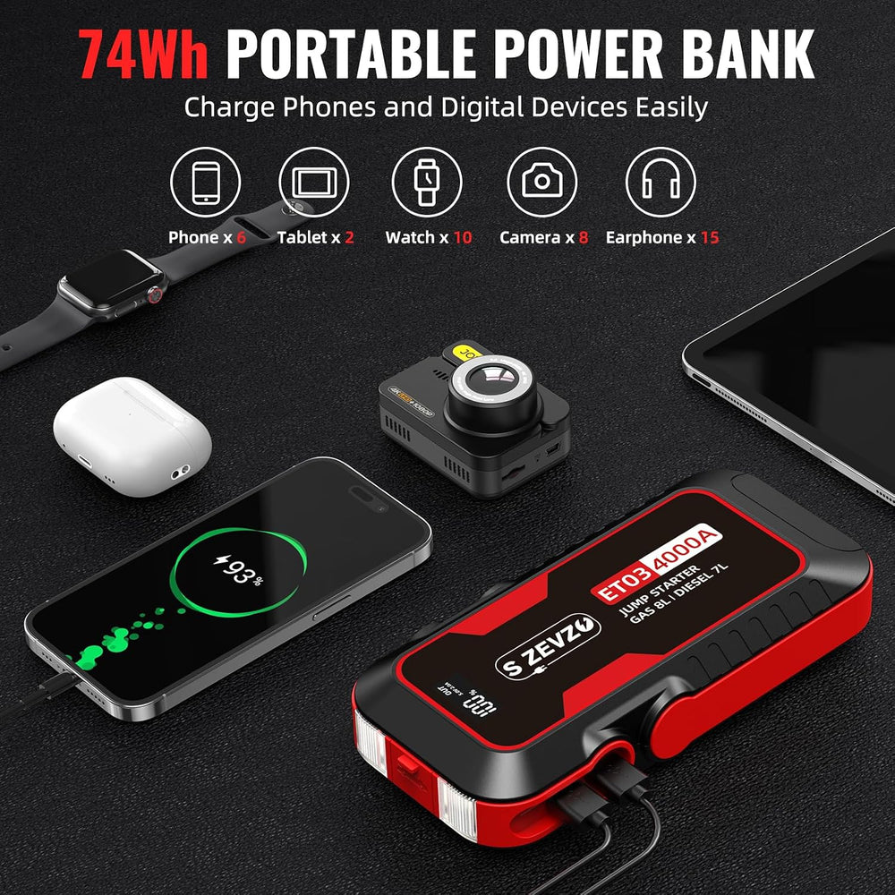 S ZEVZO ET03 Car Jump Starter 4000A Jump Starter Battery Pack for Up to 8.0L ...