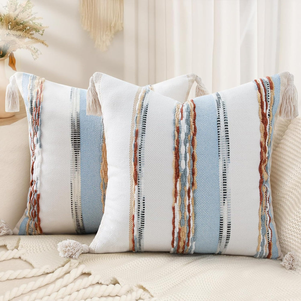 decorUhome Cream White and Light Blue Throw Pillow Covers 18x18 Set of 2