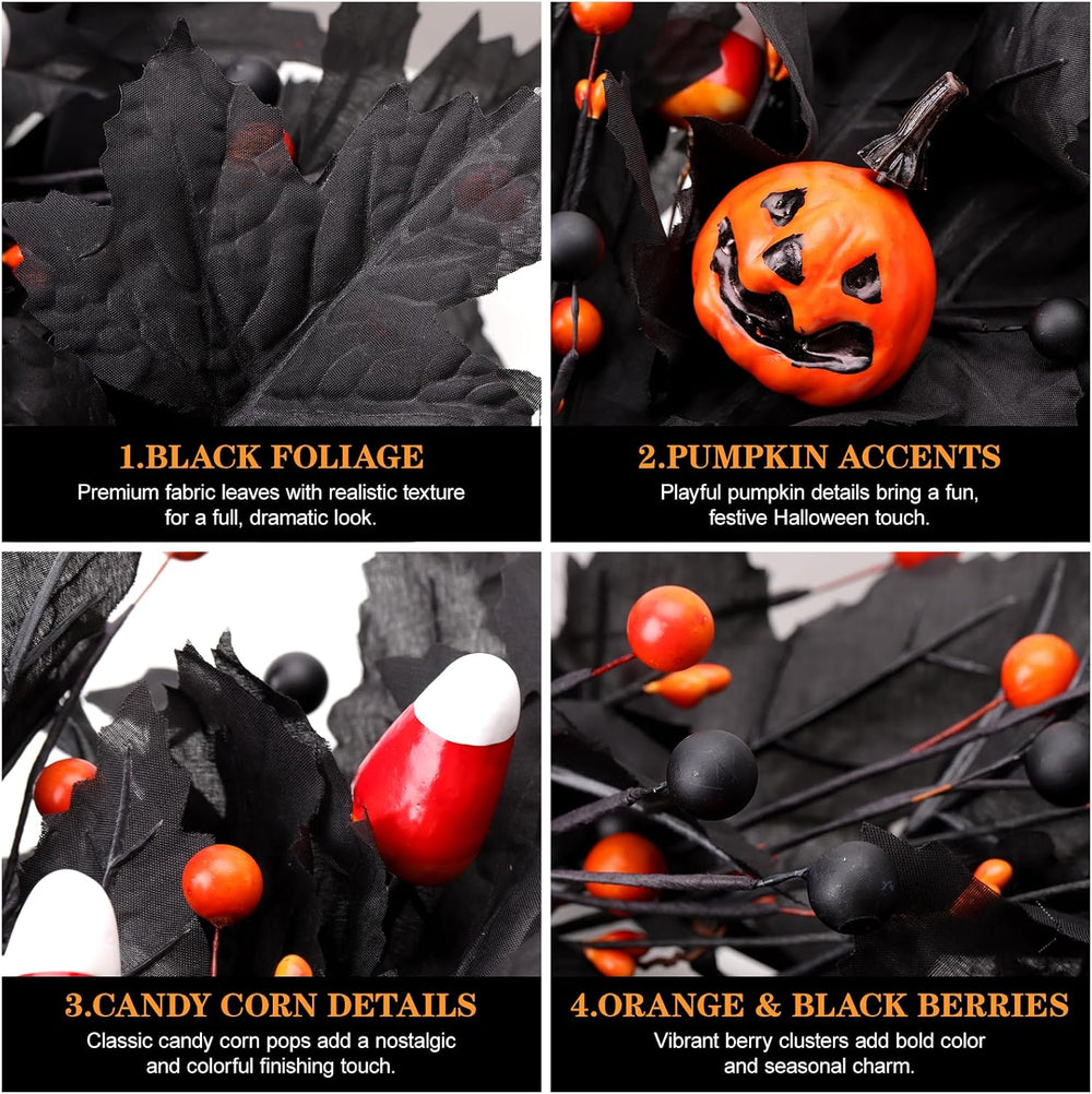 Pumpkin Halloween Wreath 24 Inch Black Maple Leave Wreaths for Front Door wit...