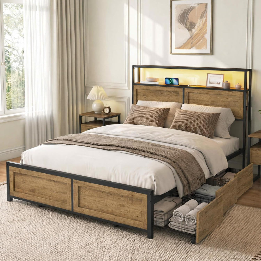KISLOT 3PCS Bedroom Set with Storage, Industrial Bed Frame, Natural, King