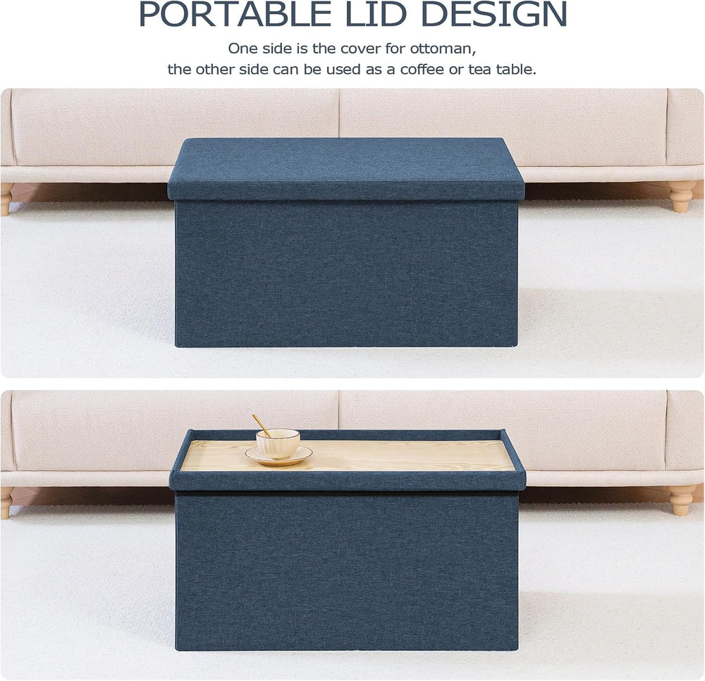 PINPLUS Folding Storage Ottoman Bench with Tray, Dark Blue