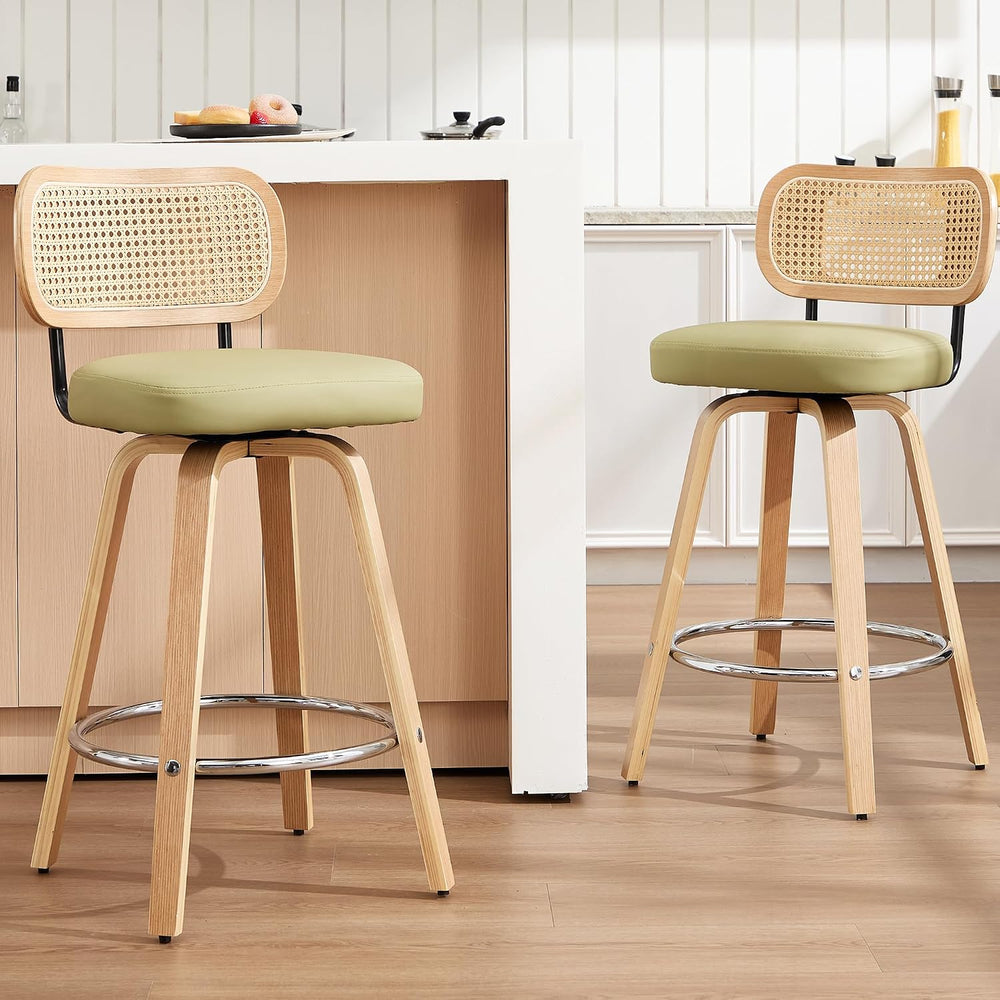 KEEZY Natural Rattan Bar Stools Set of 2, 26 Inch Counter Height Barstools wi...