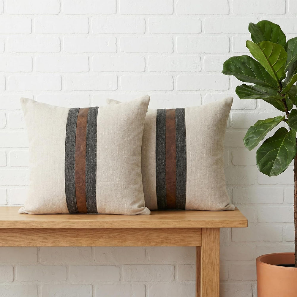 Set of 2 Leather Throw Pillow Covers Cotton Linen Decor Patchwork Pillow Cove...