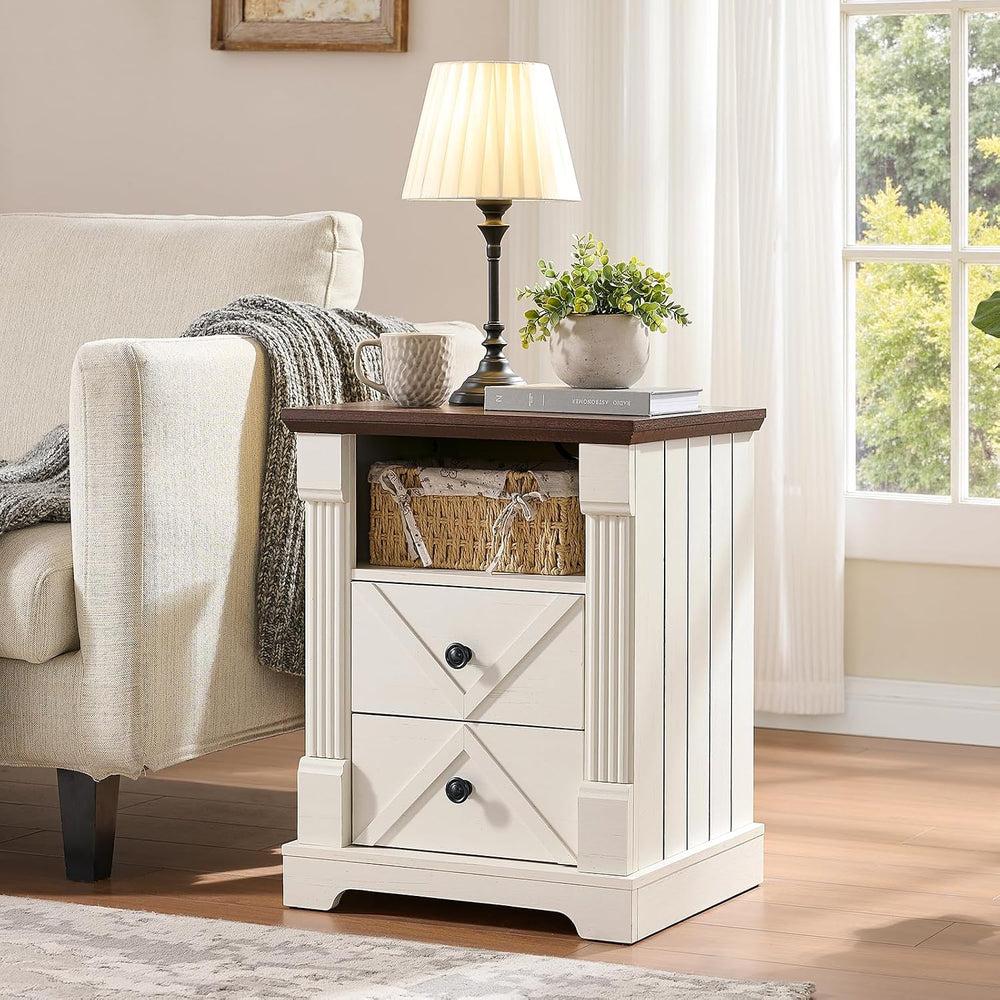 BuildHom 18" Farmhouse Nightstand Set of 2 with Charging Station, White