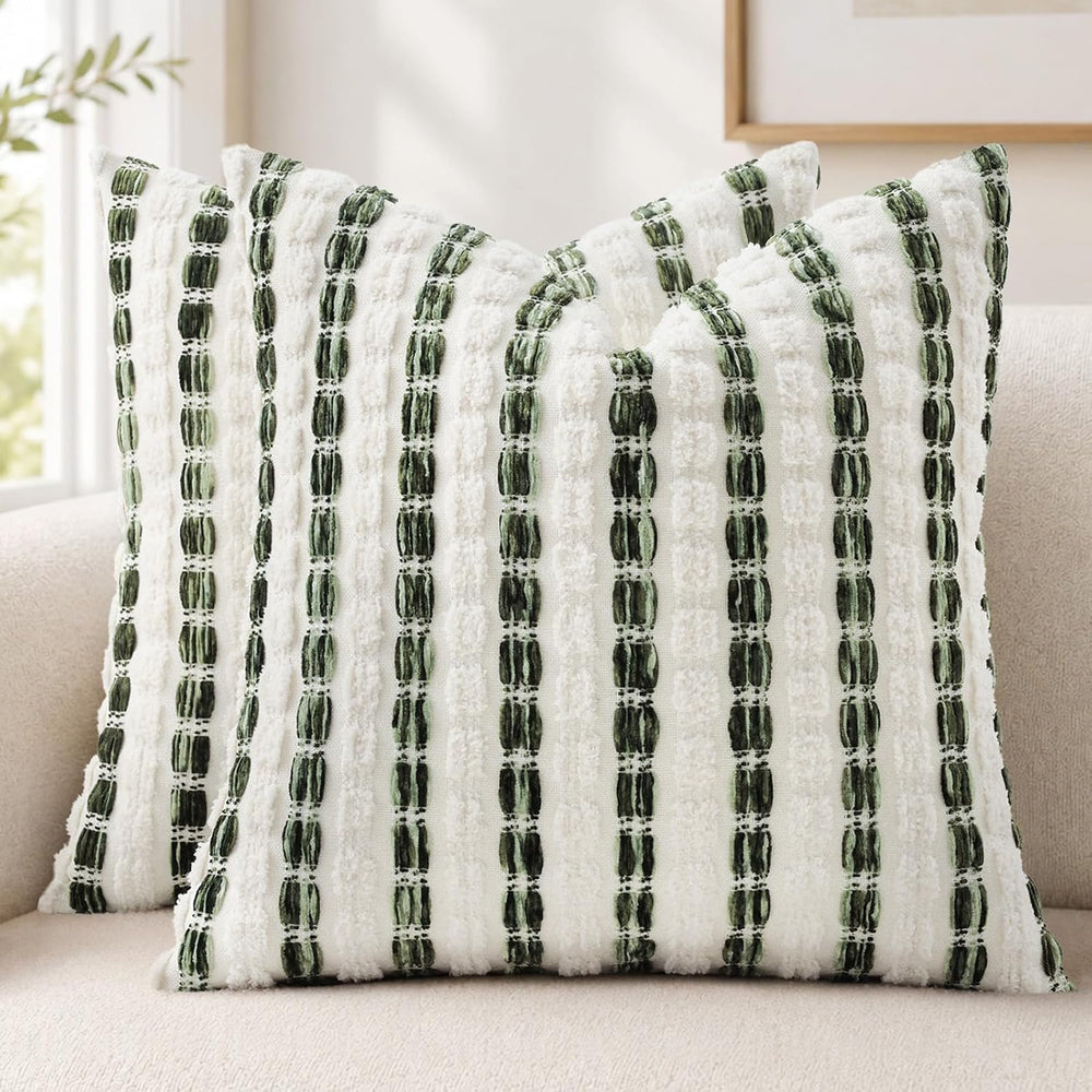 decorUhome Chenille Tufted Stripe Throw Pillow Covers 20x20 Set of 2 Green