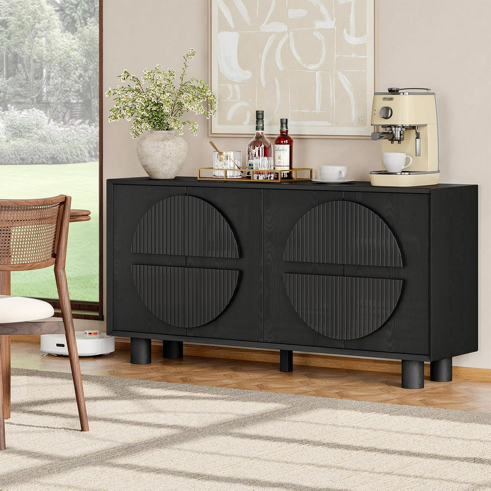 ONBRILL 63 Inch Fluted Buffet Cabinet w/Storage, Push-Spring Doors, Black