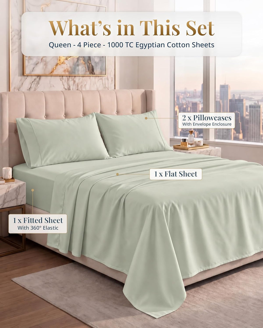 LANE LINEN Bed Sheets Queen Size 100% Egyptian Cotton Sateen - Mineral