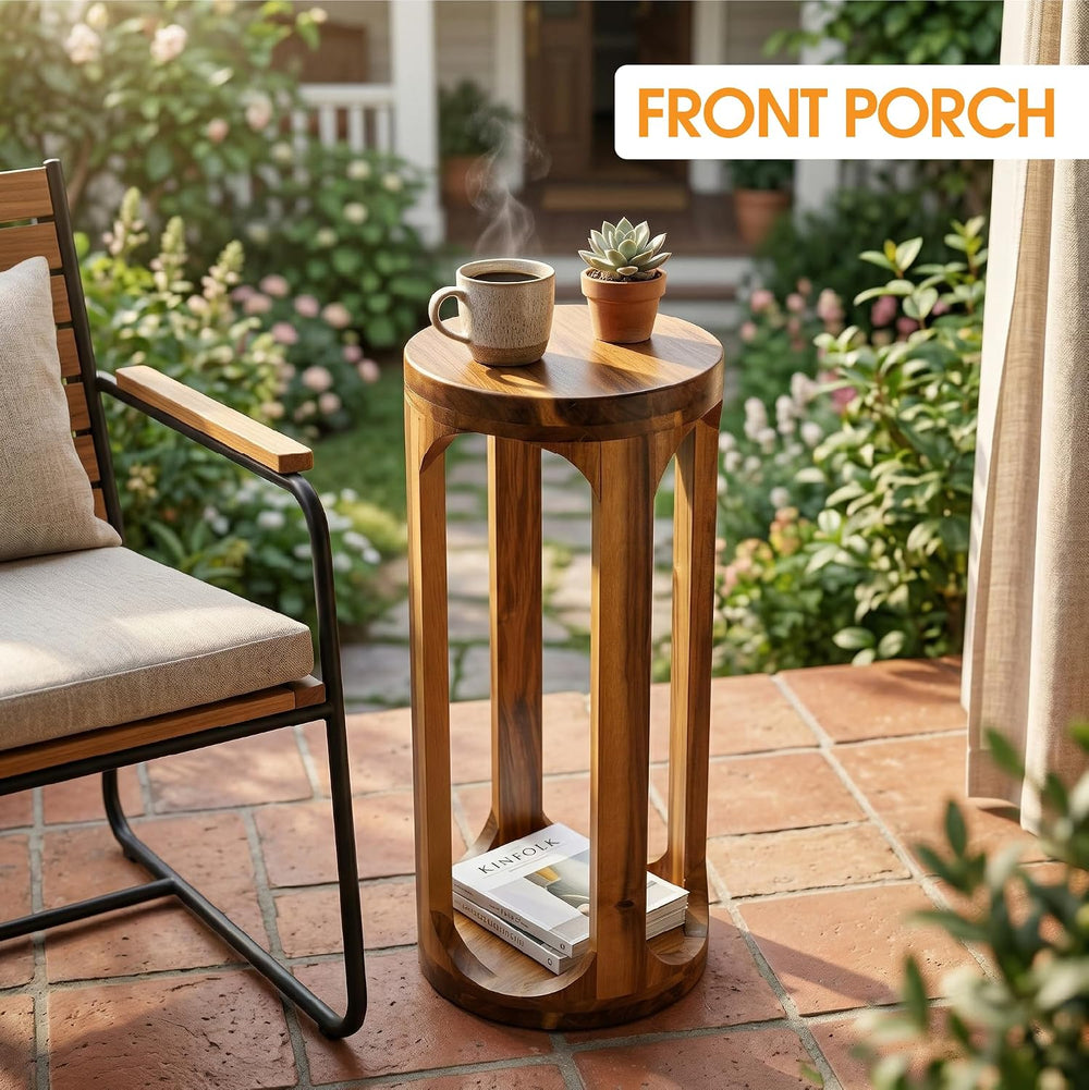 ENKEZI No Assembly Small Side Table, 24 Inch Tall Real Acacia Wood Slim End T...
