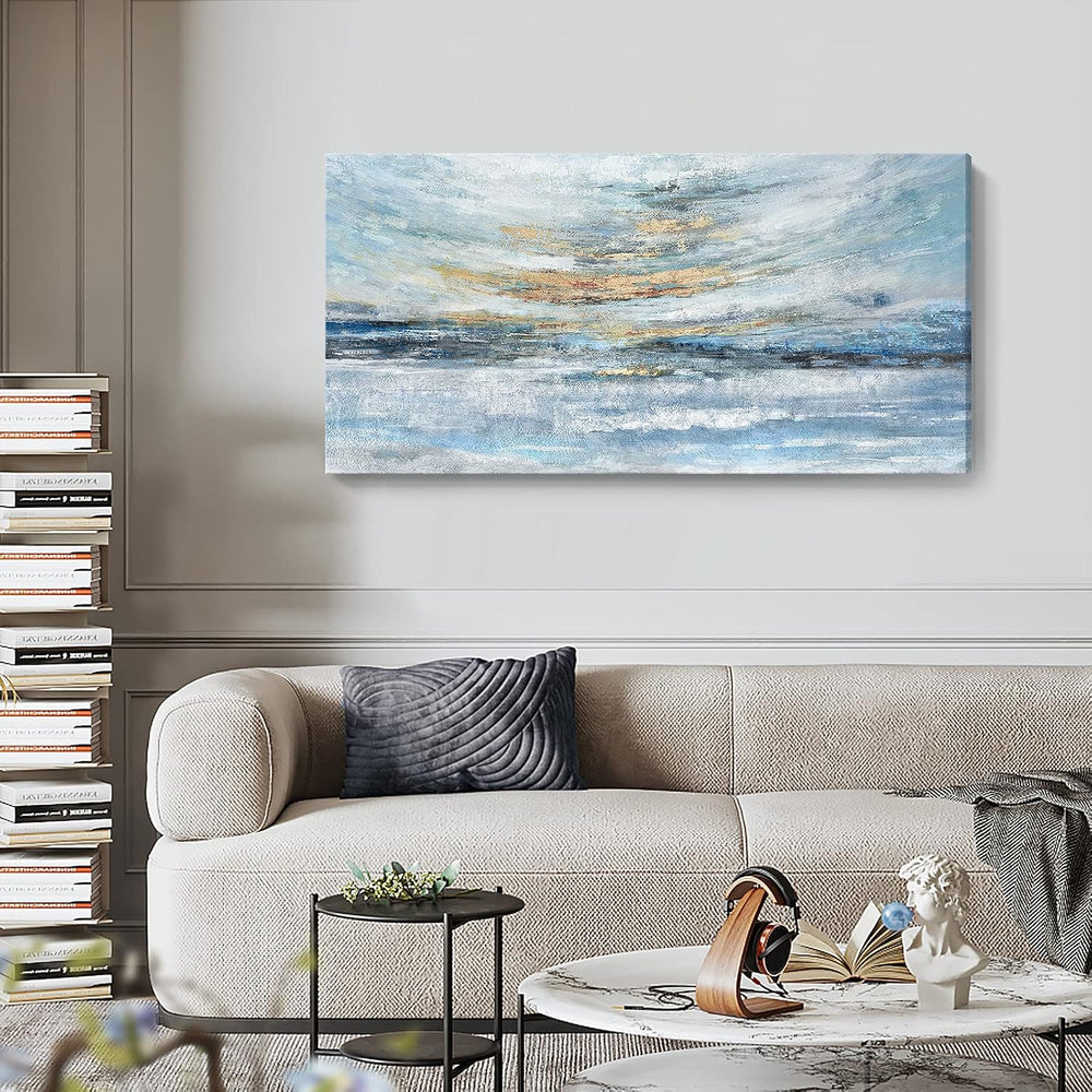 Nicetop Large Ocean Canvas Wall Art 48x24 Abstract Coastal Blue Gold