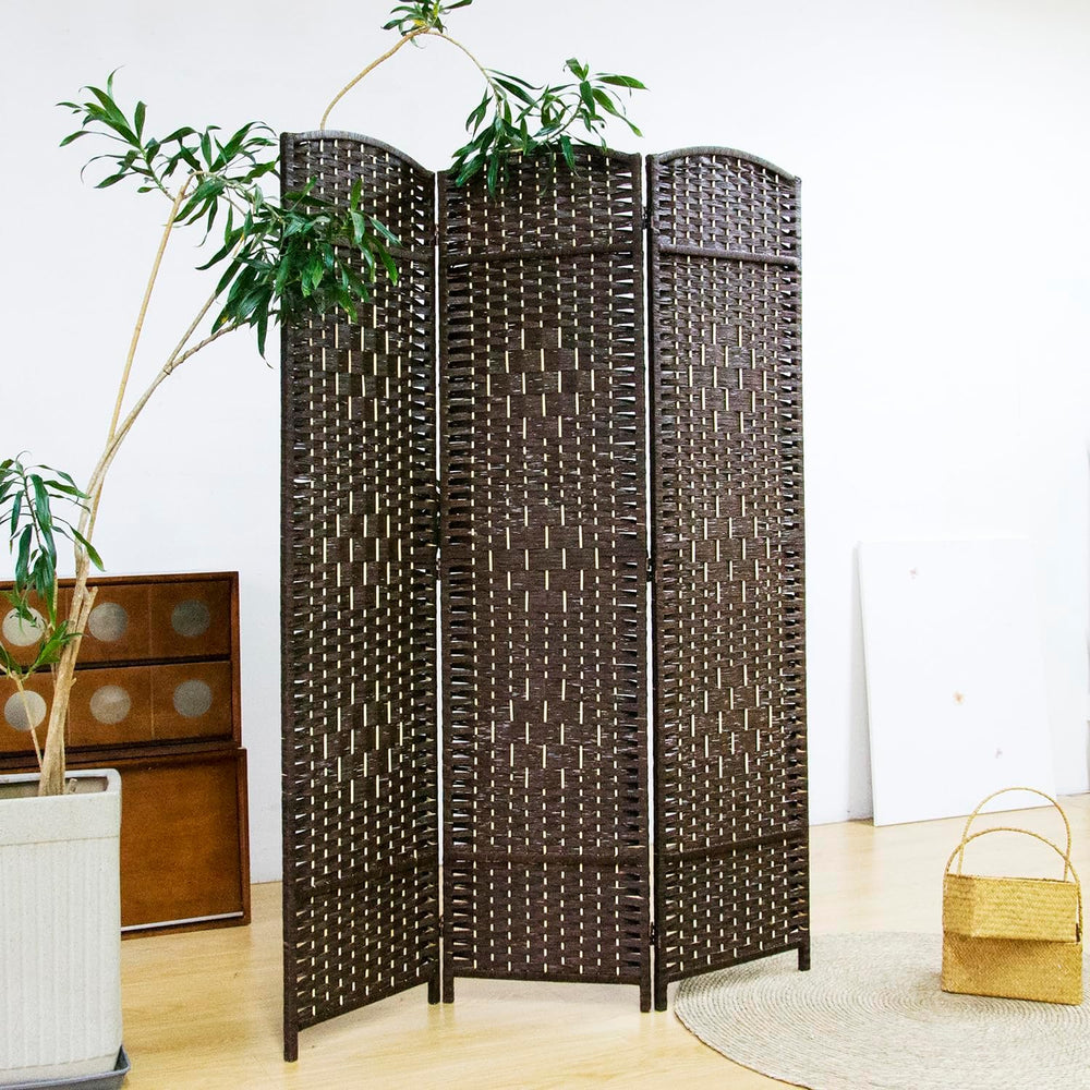 Furnnylane 3 Panel Rattan Room Divider, Dark Brown Folding Privacy Screen