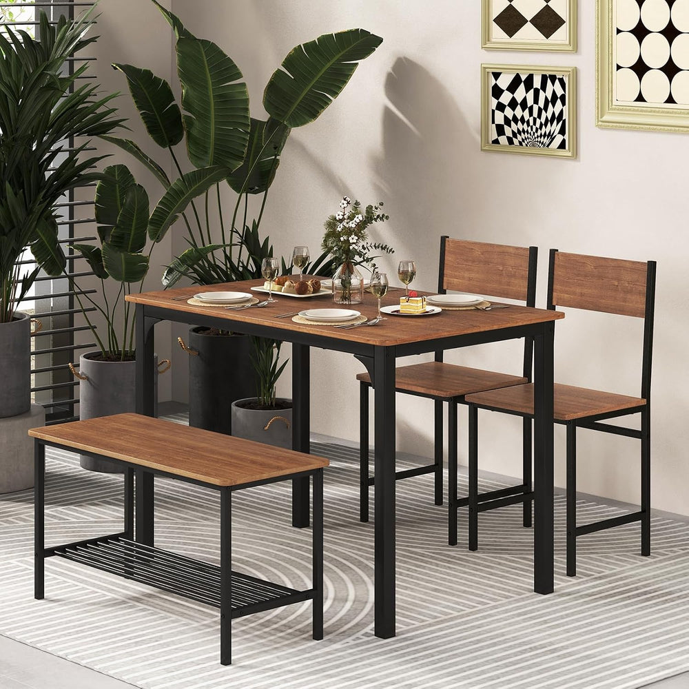 COSTWAY Dining Table Set for 4 w/Bench & 2 Chairs, Storage Racks, Brown
