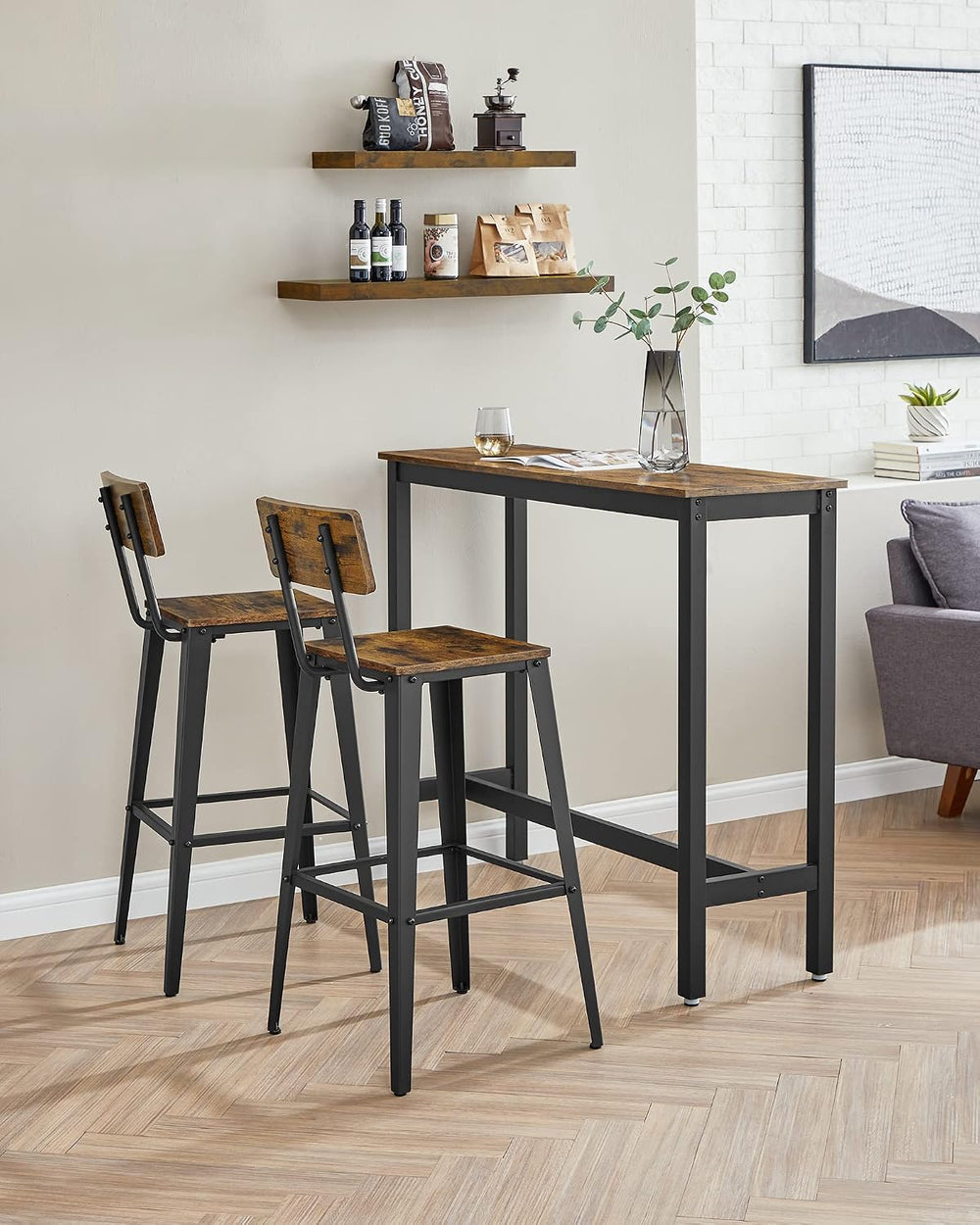 VASAGLE Bar Stools Set of 2, 29.7 Inches Tall, with Back, Steel Frame