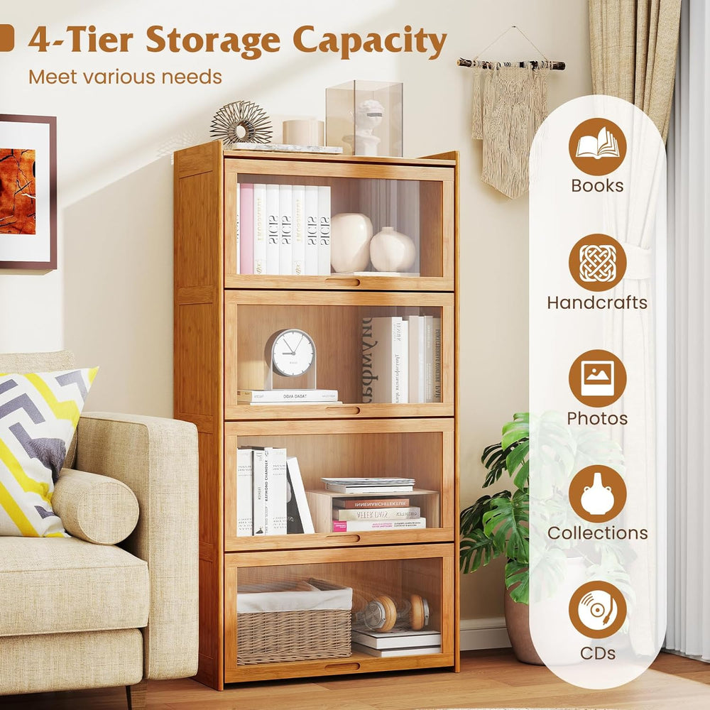 Giantex 4-Tier Bookcase with Clear Doors, 55" Bamboo Bookshelf with Flip...