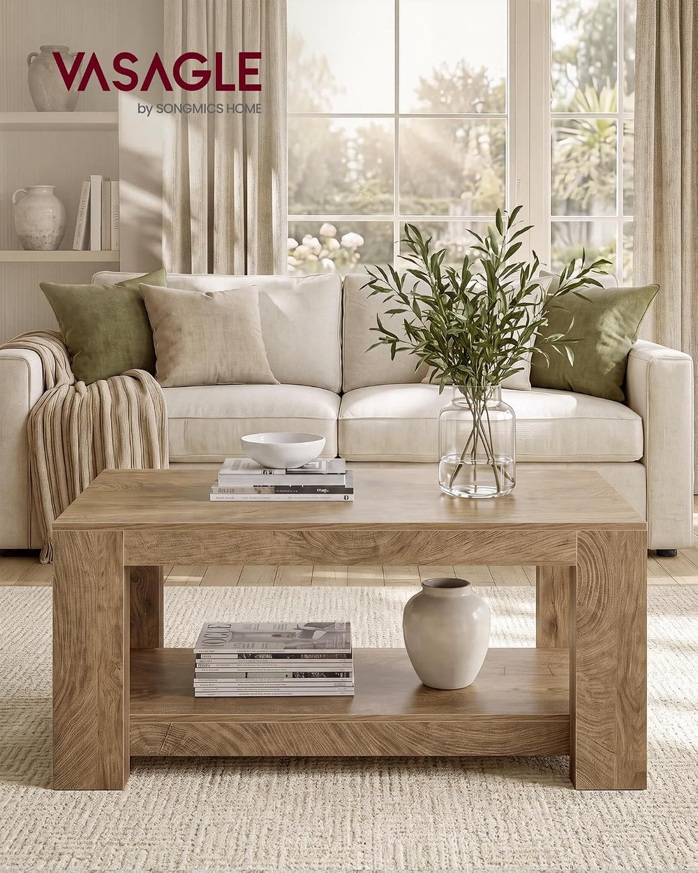 VASAGLE Coffee Table, 2-Tier Center Table with Rustic Charm and Clean Lines