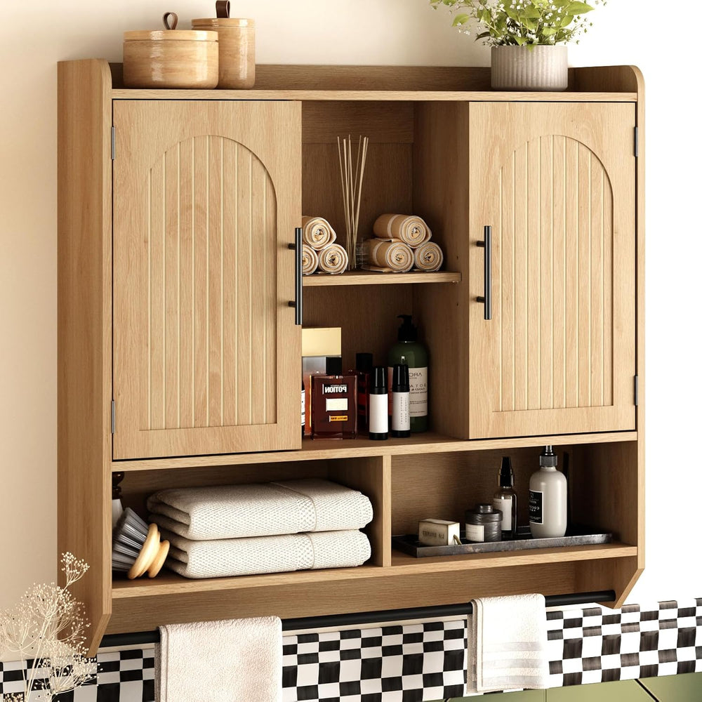 RUSTOWN Fluted Bathroom Wall Cabinet with Arched Doors & Adjustable Shelves