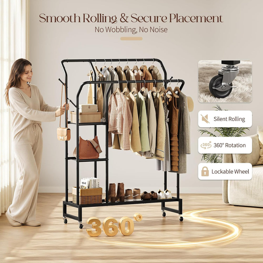 Yoobure Double Rods Clothes Rack - Portable Clothing Rack with Wheels, Rollin...