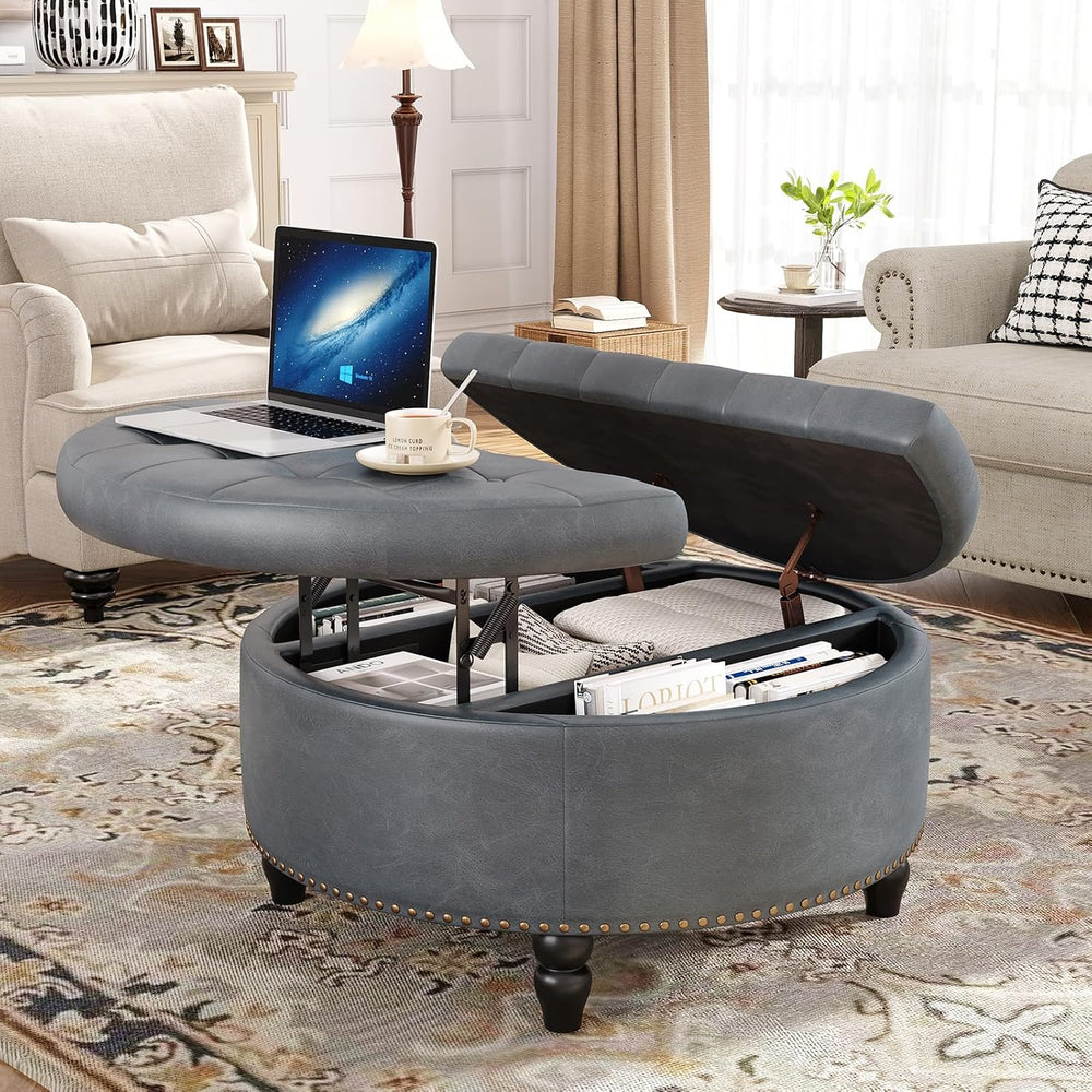 FiveWillowise 31.5 Inch Large Round Ottoman with Storage Circular,Gray Grey