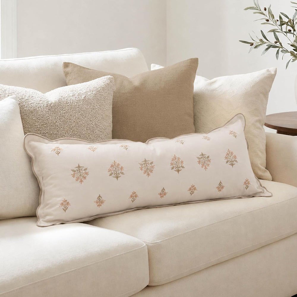 BlissBlush Long Lumbar Pillow Cover 14x36 for Bed, Cream White Velvet Decorat...
