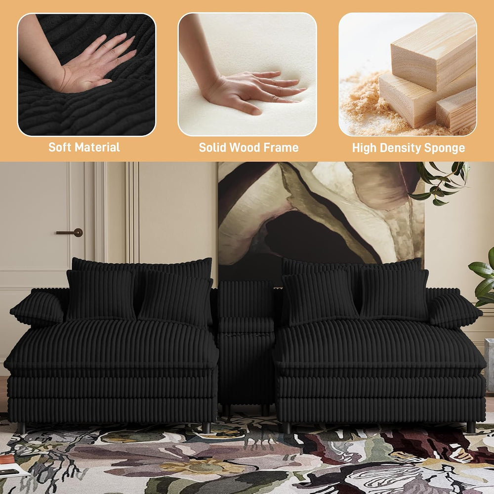 114" Oversized Double Chaise Lounge, Corduroy Sofa Bed with Storage, Black