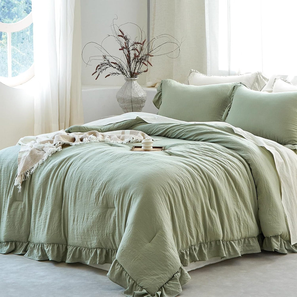Sage Green Ruffle Comforter Set King Shabby Chic Bedding Set