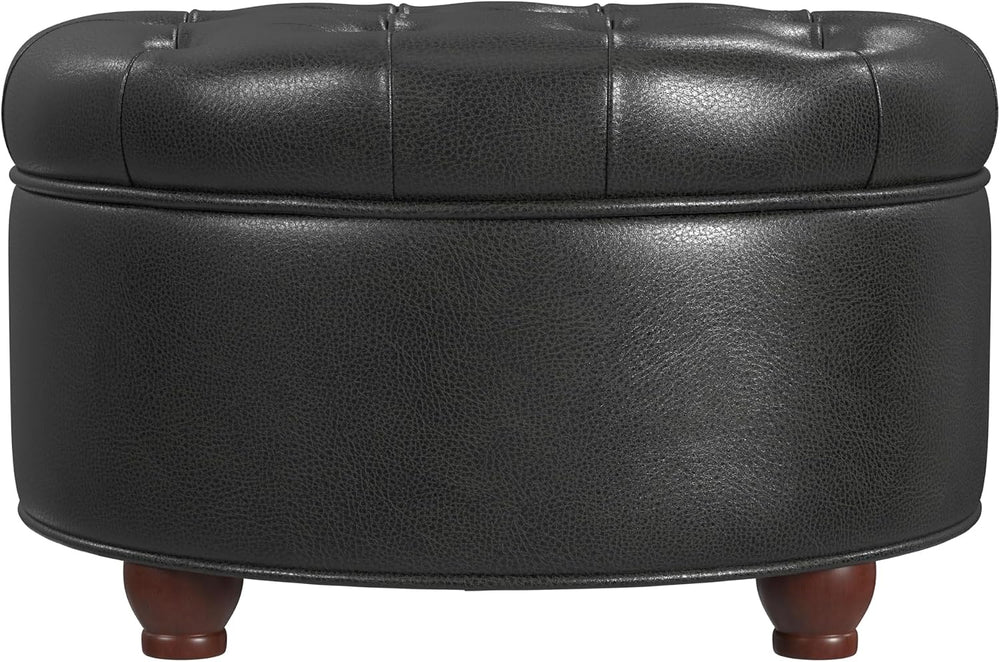HomePop 25" Button Tufted Round Storage Ottoman - Black Faux Leather