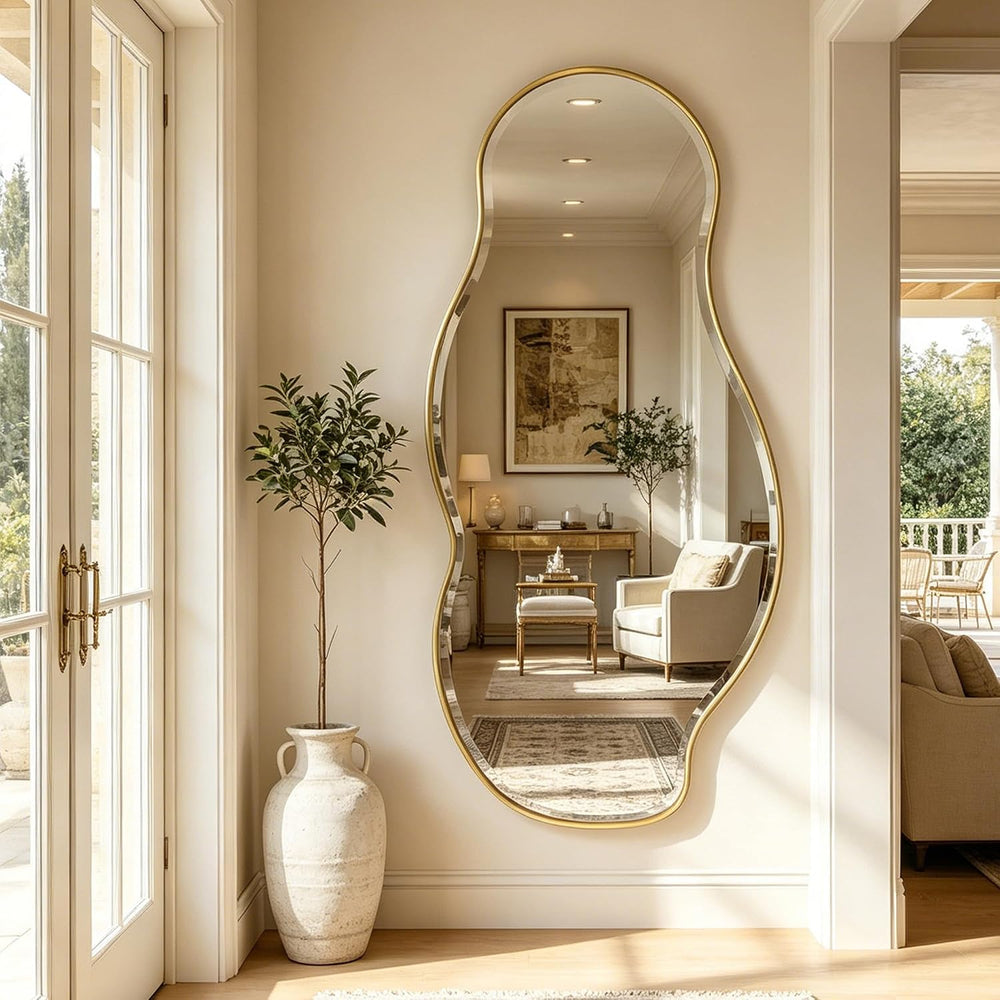 POZINO 63"x28" Large Irregular Beveled Mirror, Abstract Decorative ...