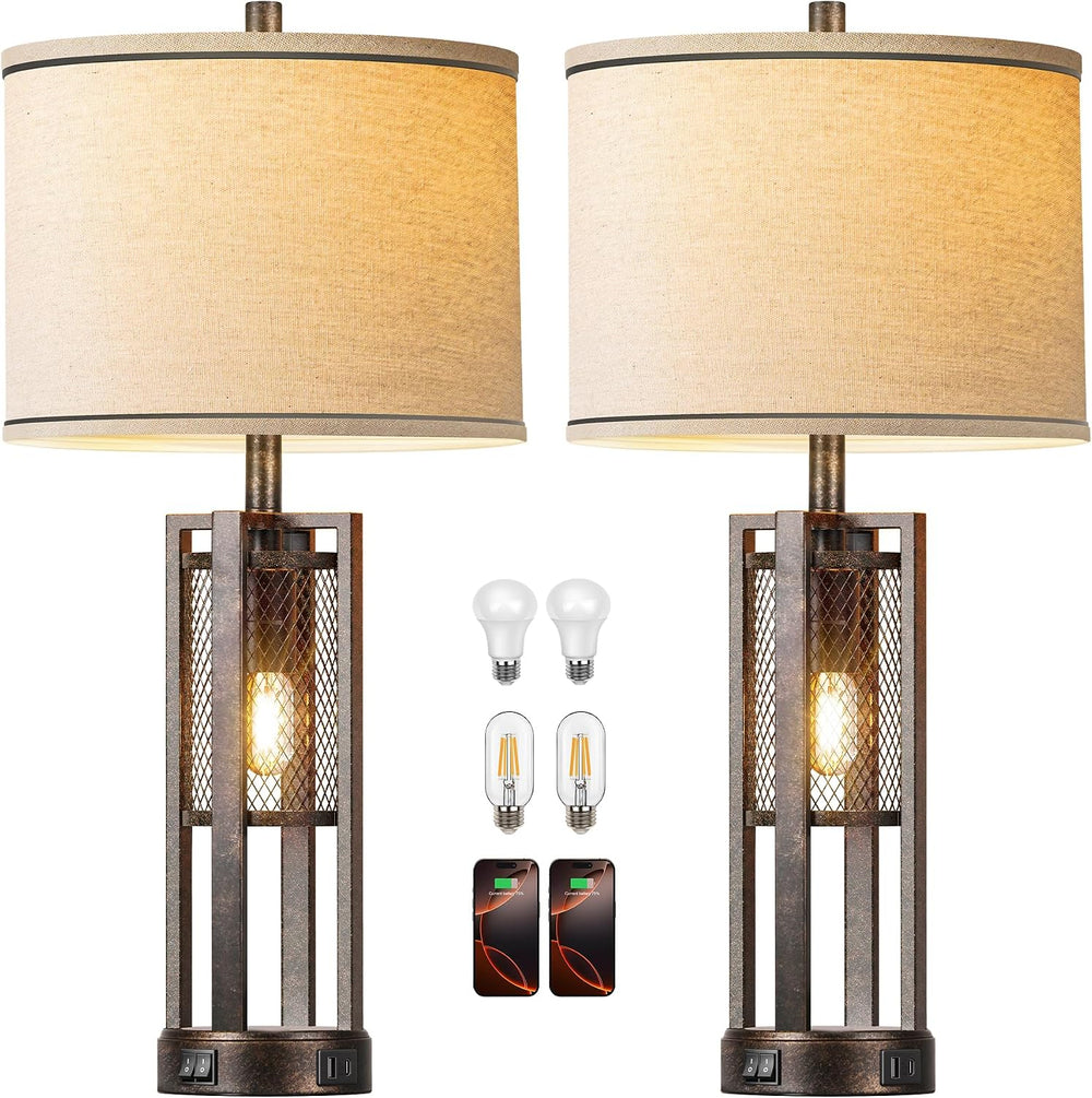 28'' Farmhouse Industrial Table Lamp Set of 2 - Rustic Bedside Nights...