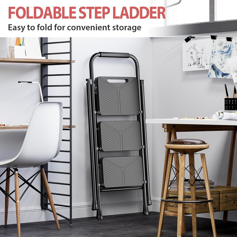 KINGRACK Folding 3 Step Ladder, Step Stool with Anti-Slip Pedals