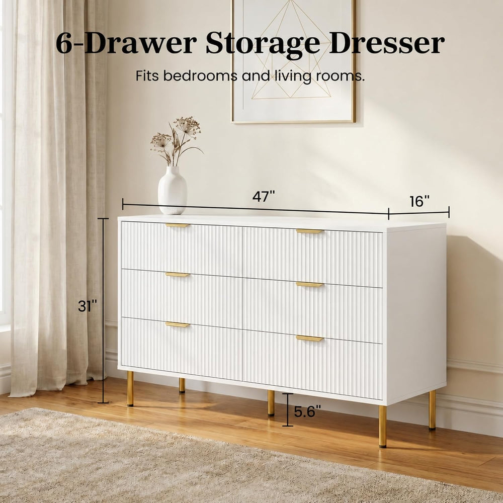 White and Gold 3-Piece Fluted Dresser and Nightstand Set for Bedroom