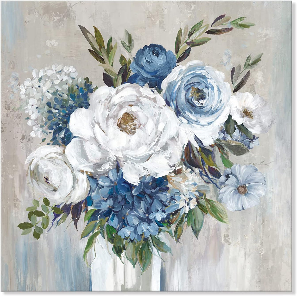 Goldfoilart Blue Flower Wall Art for Living Room White Floral Canvas Pictures...