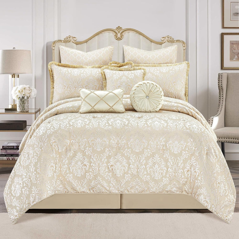 Loom and Mill 9-Piece Elegant Damask Comforter Set, Beige White, King