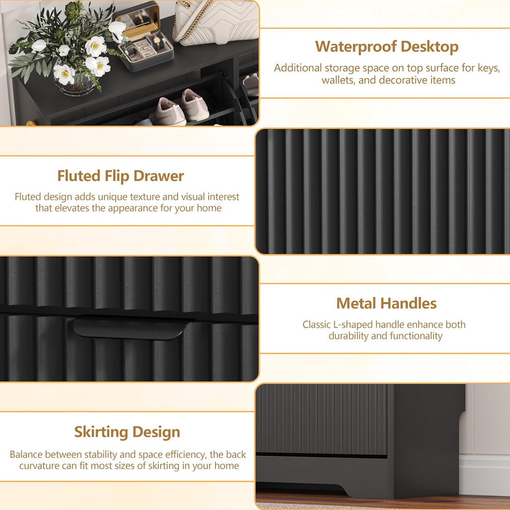 HUANLEGO Shoe Cabinet Storage for Entryway with 3 Flip Drawers, Black Fluted ...