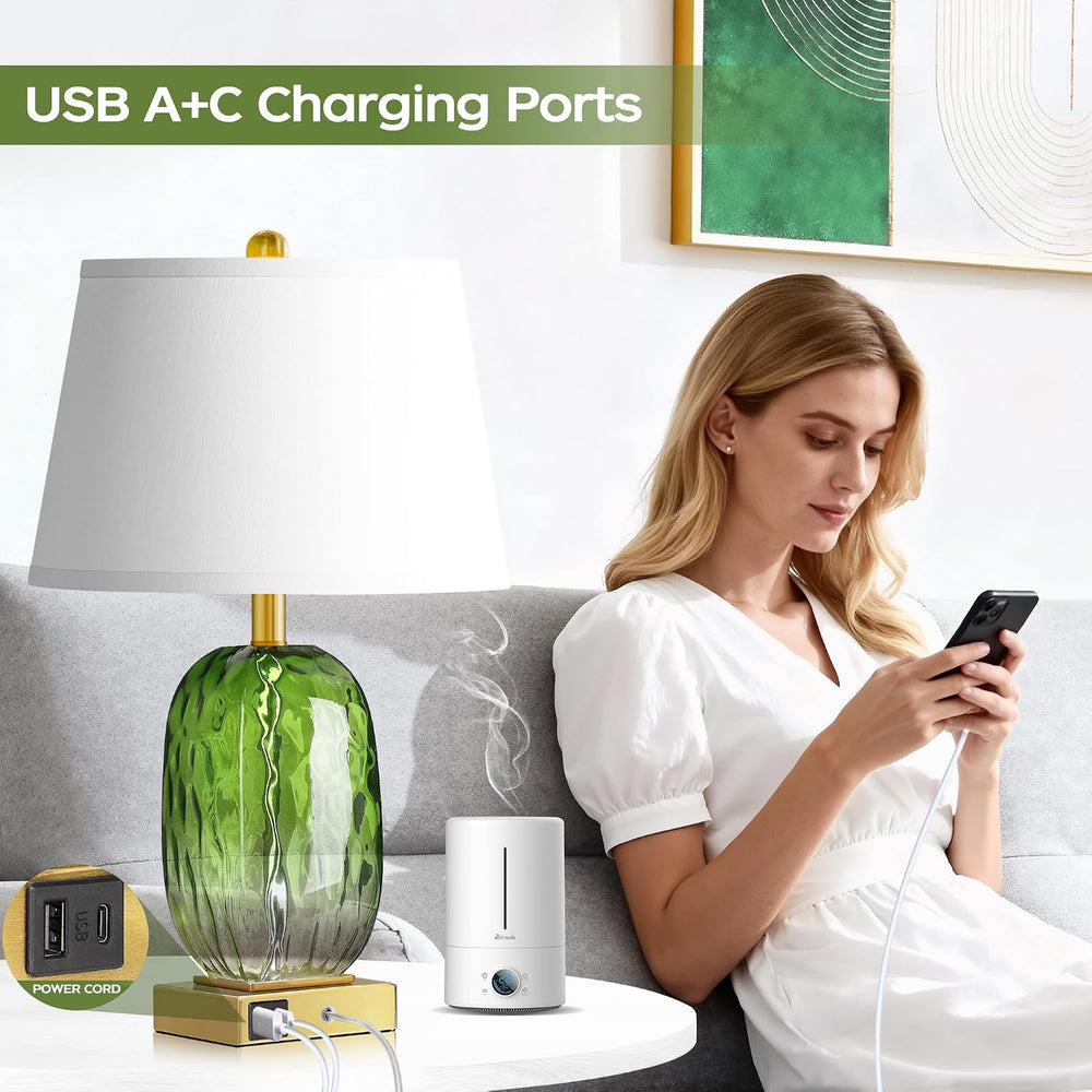 Green Glass Table Lamp Set of 2 Touch Control, 2 USB Ports, Dimmable