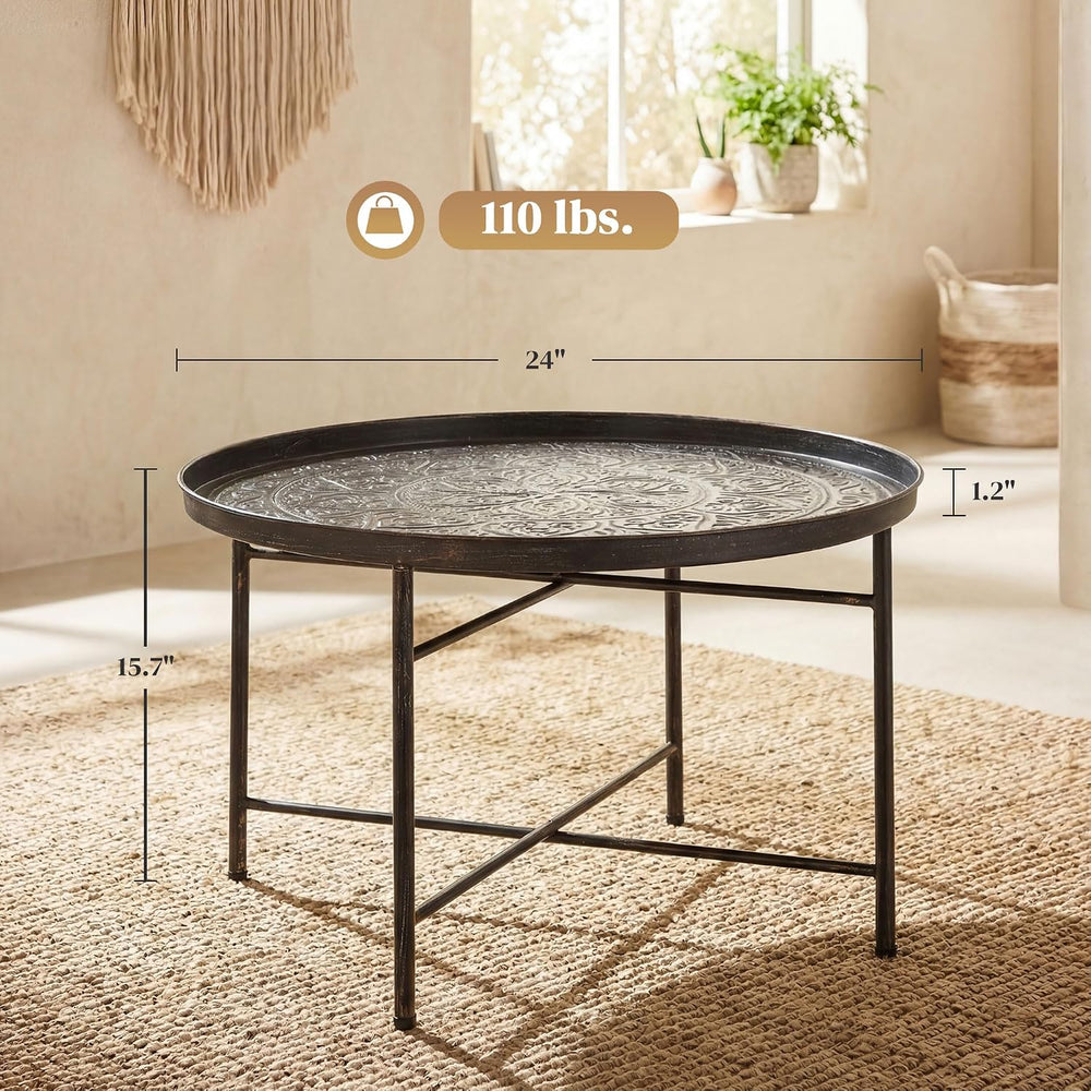 HOMCOM 24" Hammered Round Coffee Table Vintage Metal Side Table Pewter