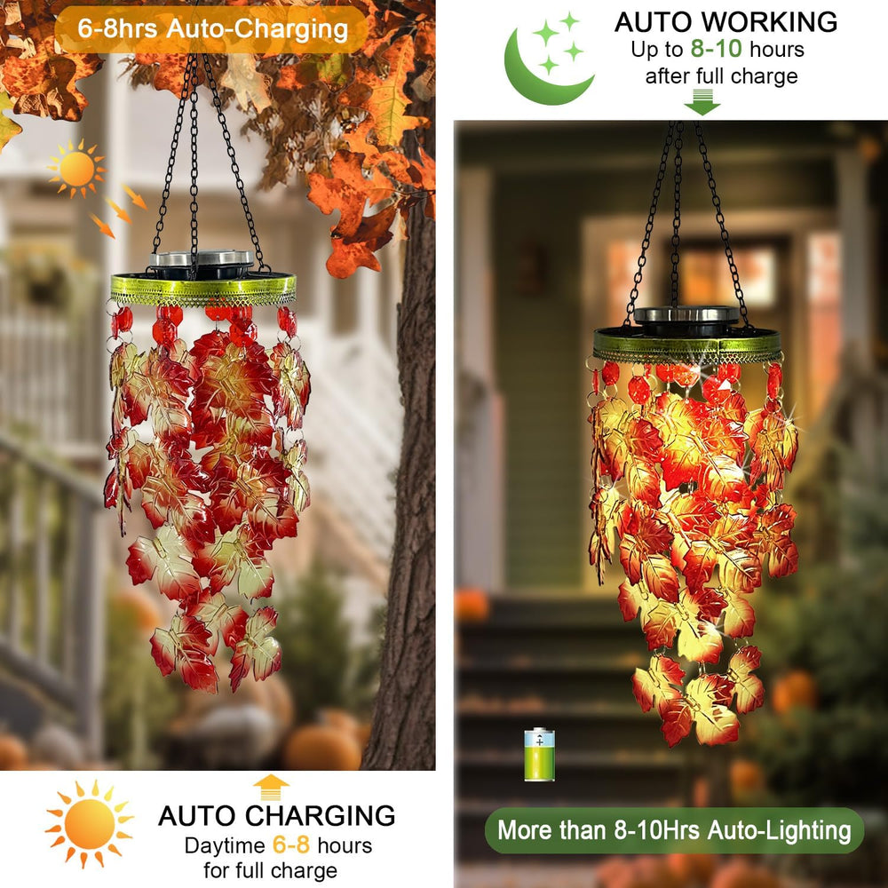Fall Wind Chimes for Outside,Solar Maple Leaves Hanging Fall Mobile Lights