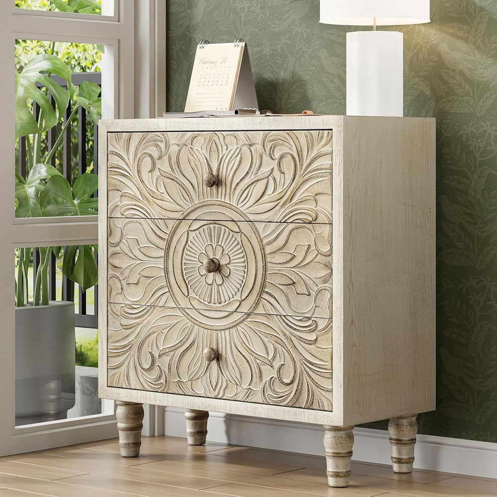 COZAYH 3-Drawer Bedroom Dresser with Carved Floral Front, Distressed Weathere...