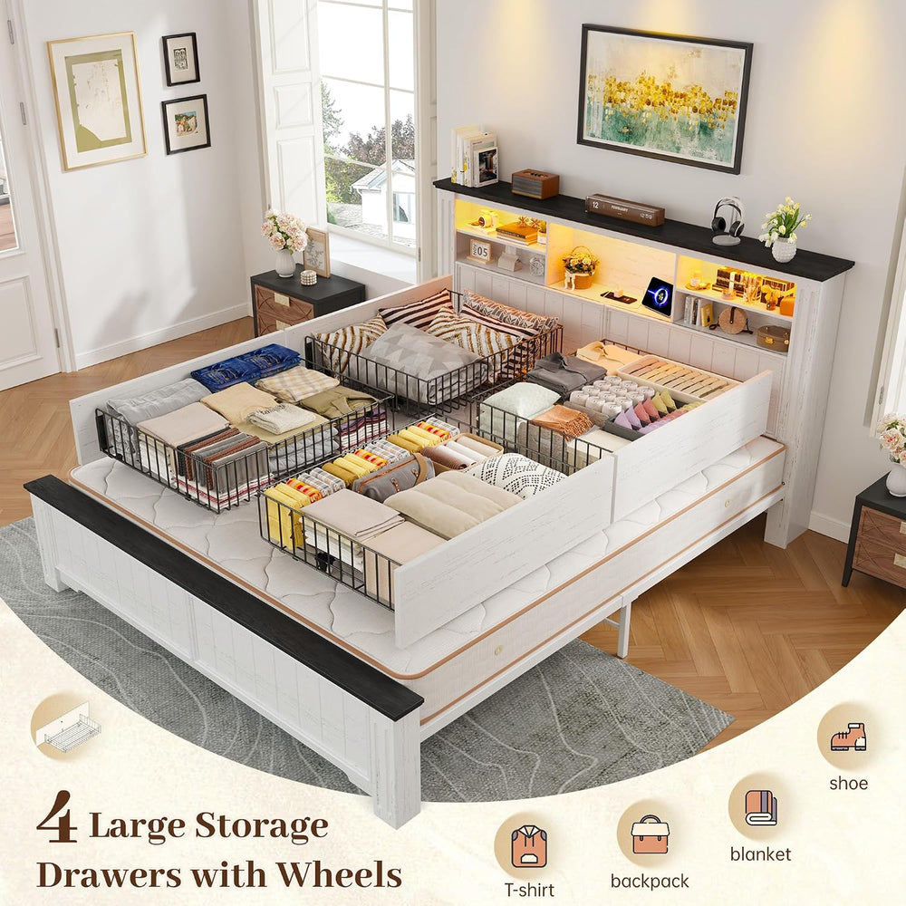 EnHomee Queen Bed Frame with 4 Drawers and Headboard Storage Shelf,White