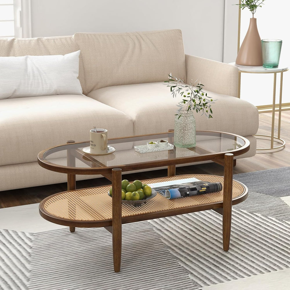 KOTEK Oval 2-Tier Rattan Coffee Table with Curved Wood Frame (Brown)