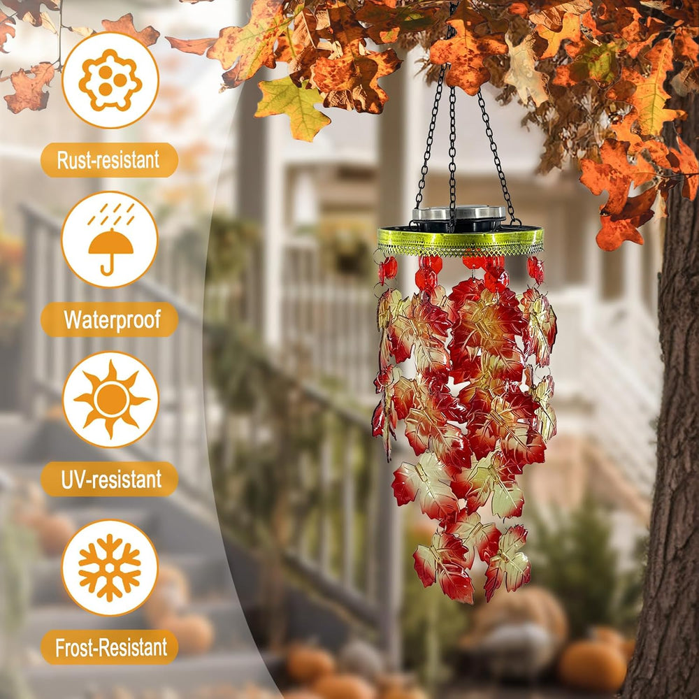 Fall Wind Chimes for Outside,Solar Maple Leaves Hanging Fall Mobile Lights