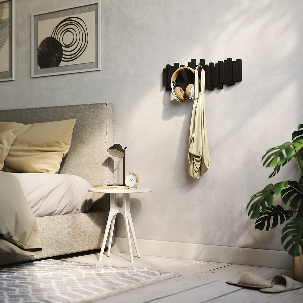 Umbra Sticks Wall Mount Coat Rack, 5 Hook Retractable Pegs, Black