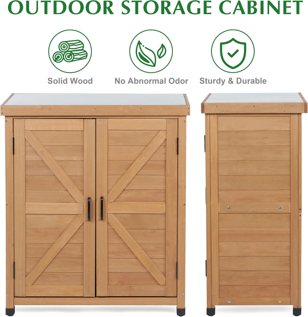 Outdoor Storage Cabinet & Potting Bench Table with Metal Top, Wooden Pati...