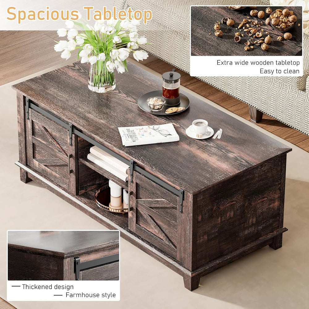 LUXOAK 48" Farmhouse Coffee Table with Sliding Barn Doors, Dark Rustic Oak