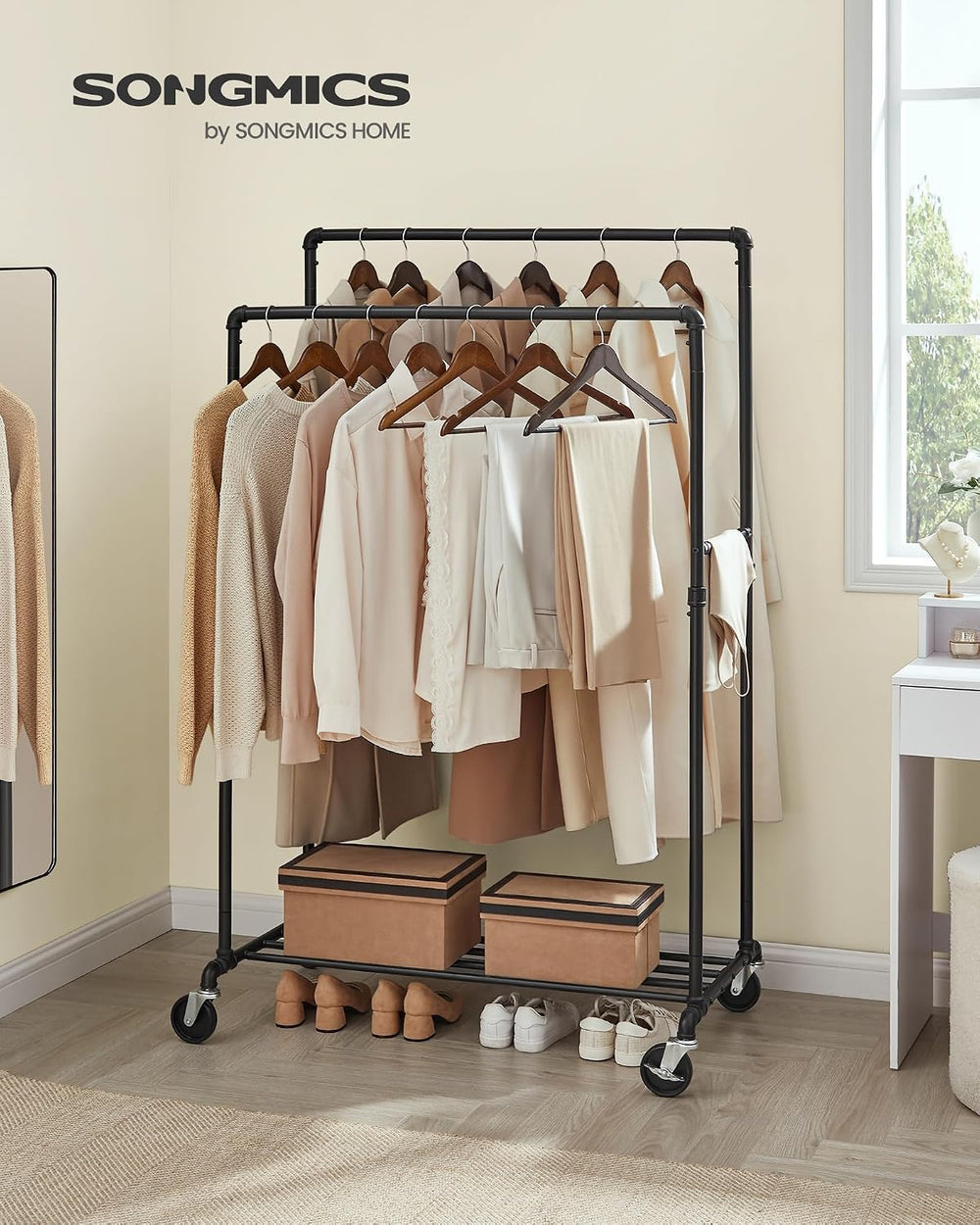 SONGMICS Heavy-Duty Clothes Rack, Double-Rod, Metal Frame on Wheels