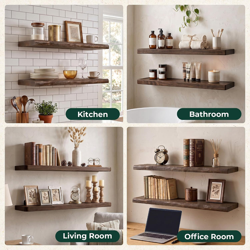 24in Live Edge Solid Elm Floating Shelves, Walnut, Set of 2