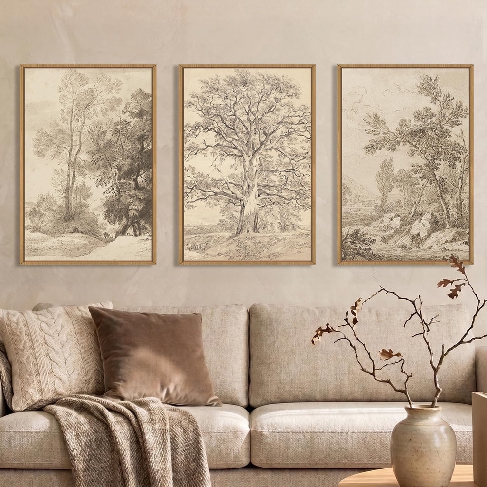 Ausril Large Vintage Tree Sketchbook Framed Canvas Wall Art Set -24"x36&...
