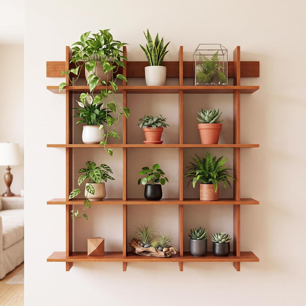 Lauxery 4-Tier Bamboo Wall Mounted Bookshelf, Rustic Brown, 43.3x45.7 in