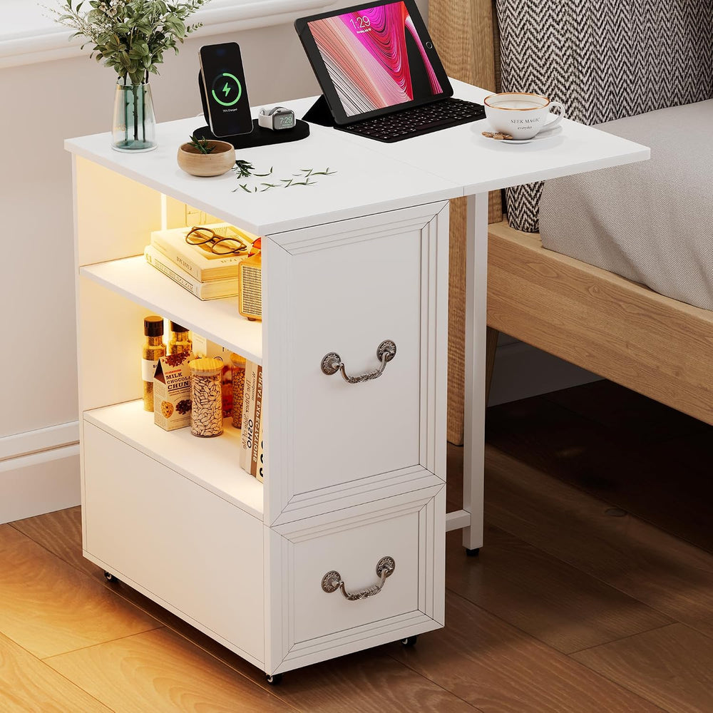 Dystler Rolling Side Table on Wheels, with Drawers & LED Lights Charging