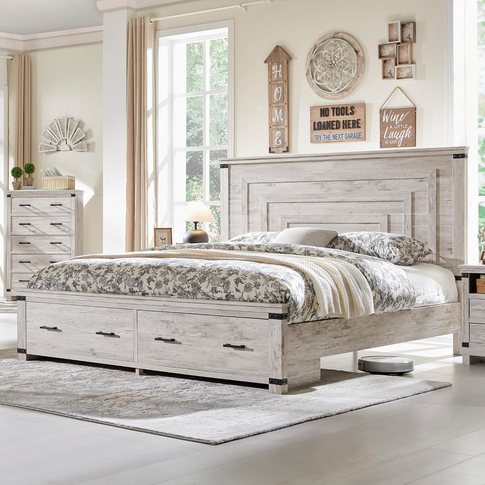 RedLemon 54" Farmhouse Queen Bed Frame with headboard, Antique Brush White
