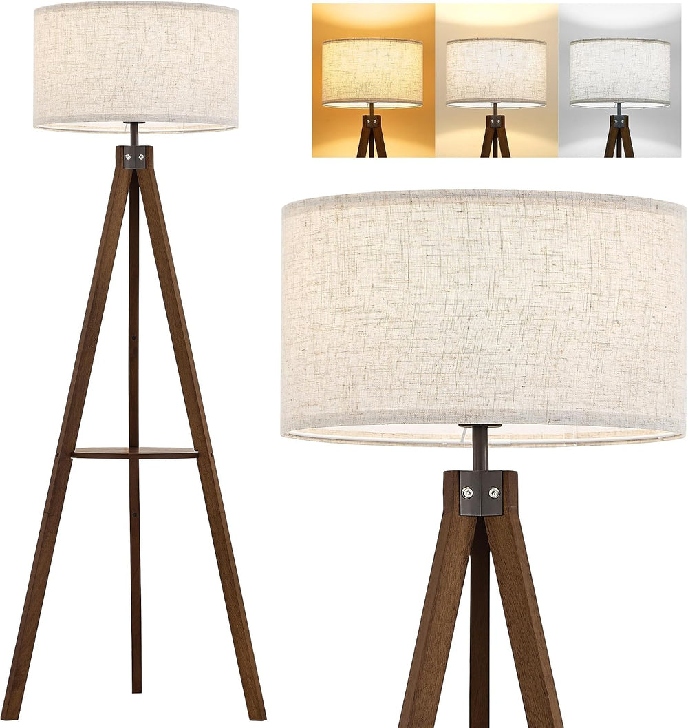 ELYONA Tripod Floor Lamp with Table, Mid Century Wood Shelf Standing Light Mo...
