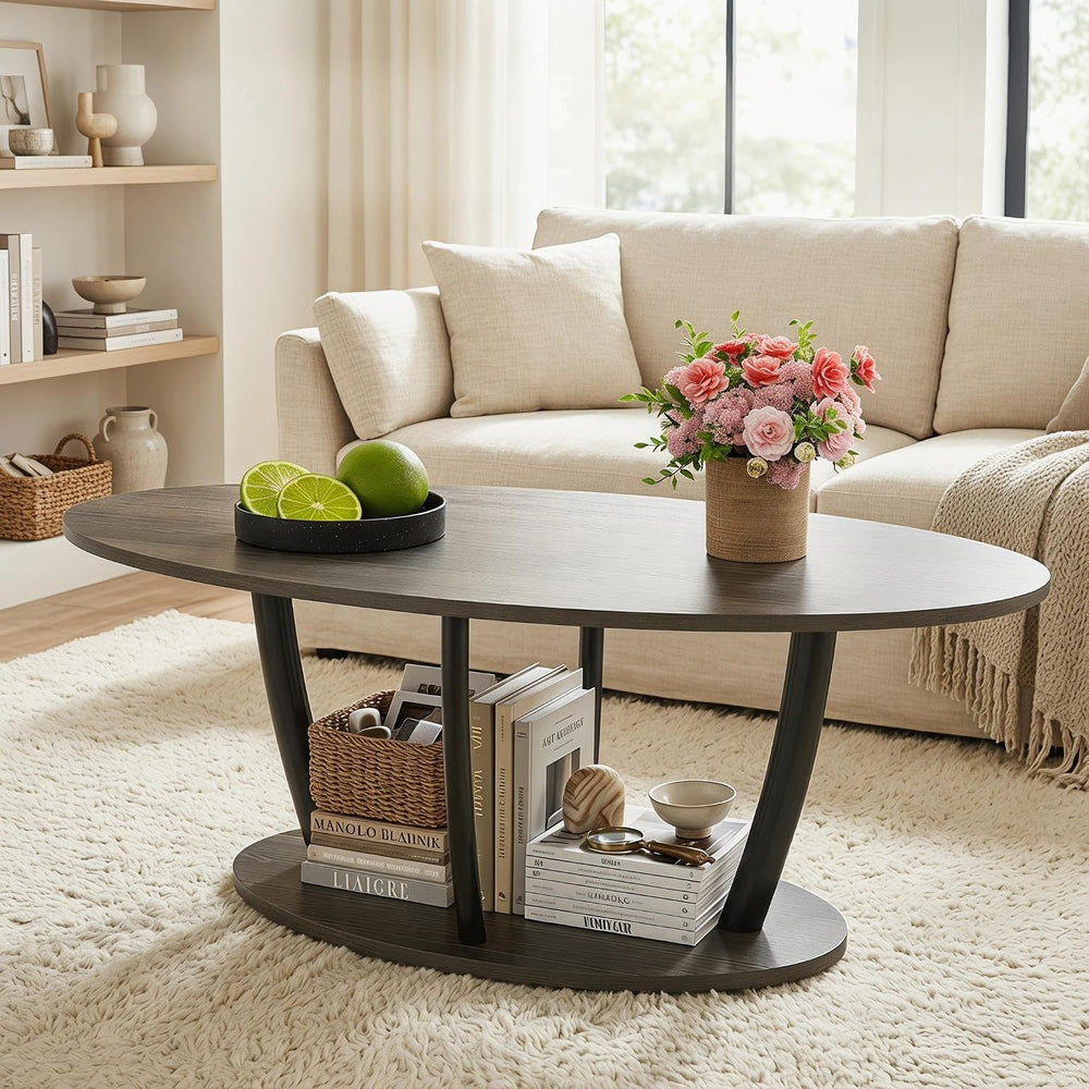 Manora Rustic Small Oval Coffee Table for Living Room, Narrow Wood Center Tab...